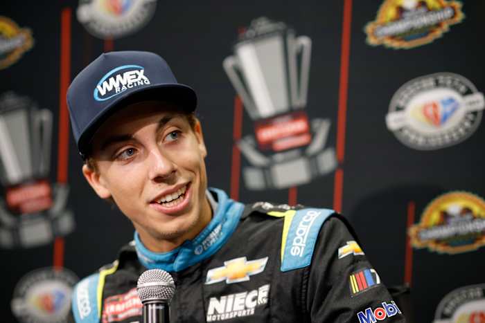 Carson Hocevar speaks to the media during Thursday's NASCAR Championship Media Day at Phoenix Raceway. (Photo by Sean Gardner/Getty Images)